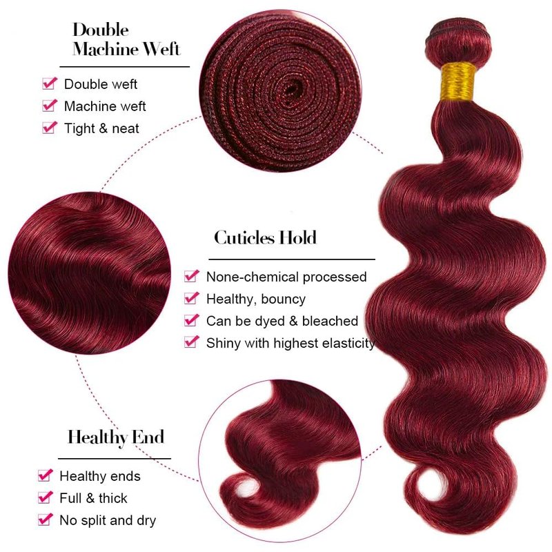 GLSMOSNW Burgundy Human Hair Bundles 10 12 14 Inch Wine Red Bundle Unprocessed Brazilian Virgin Human Hair Extensions 99j Body Wave Bundles For Women