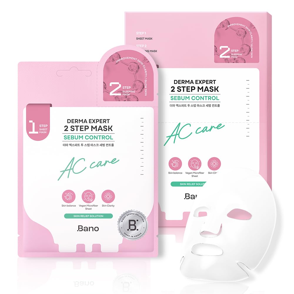 Bano Derma Expert 2 Step Sebum Control Face Mask - Soothing Sheet & Sleeping Mask with Salicylic Acid | 7 Sheets for Glass Skin