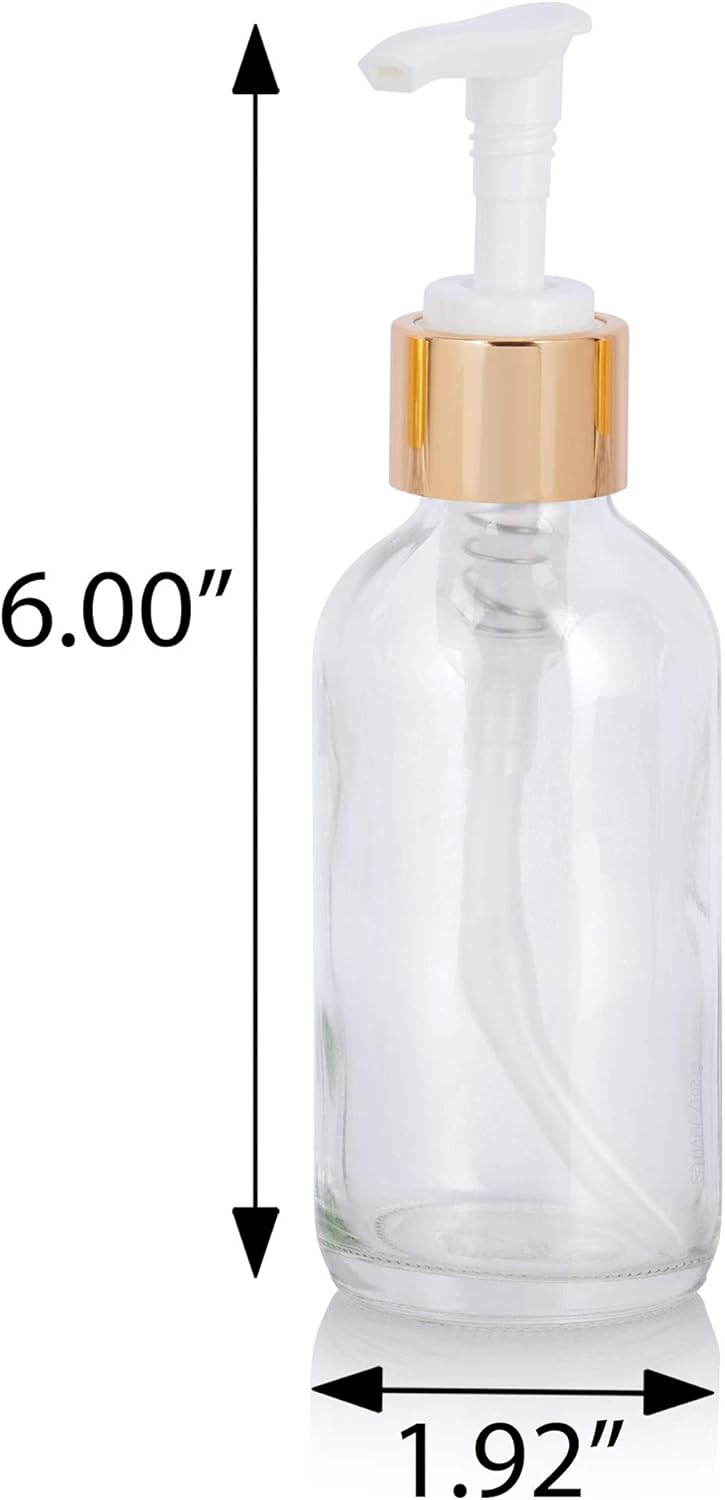 JUVITUS Clear Boston Round Glass Bottles - 4 oz with Gold Lotion Pump | 12 Pack for Home Decor, DIY, Essential Oils