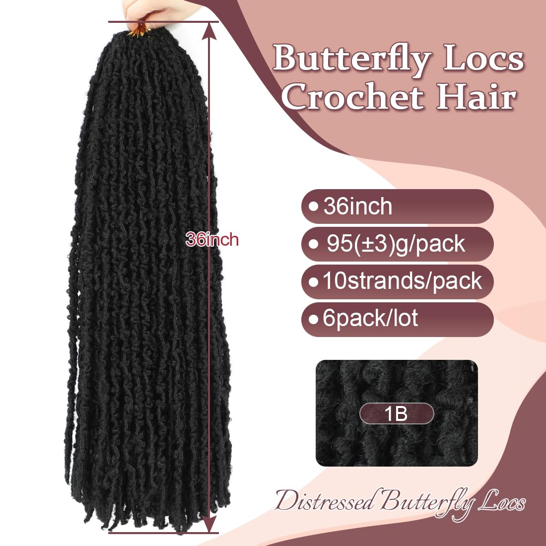 GetGal 6 Packs Butterfly Locs Crochet Hair 36 inch Pre Looped Distressed Faux Locs Crochet Hair for Black Women Butterfly Soft Locs Natural Hair Extension(36inch,1B)