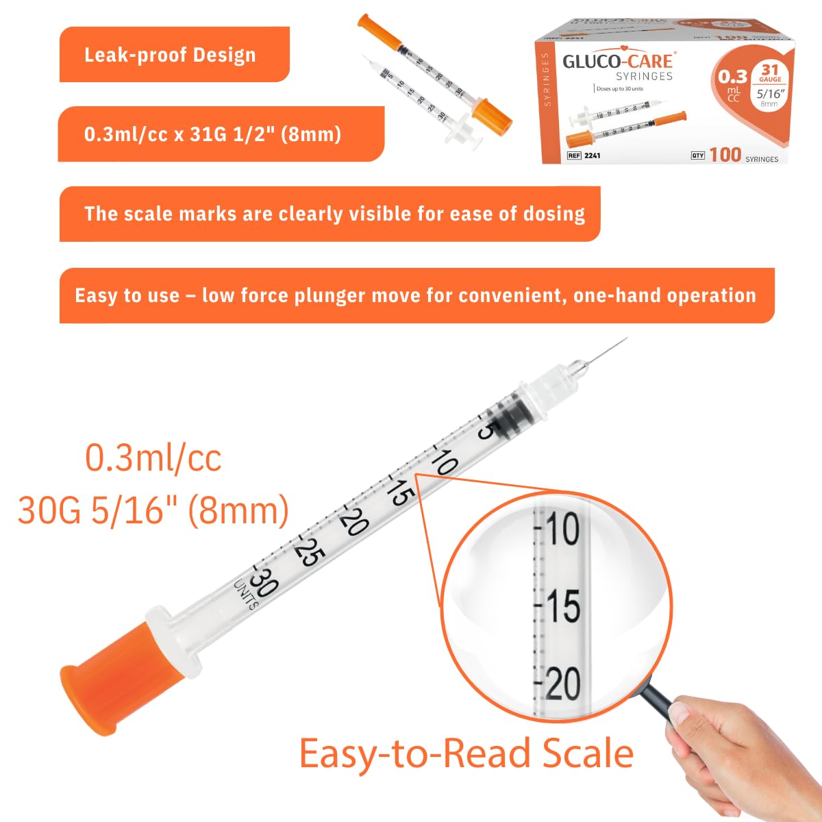 GLUCO-CARE 0.3 ml/cc Syringes 31G x 5/16’’ (8mm), Orange Cap, Box of 100 pcs