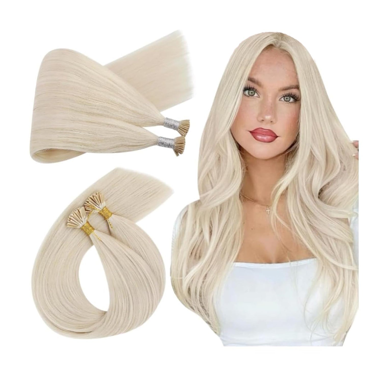 Ugeat I Tip Human Hair Extensions, Platinum Blonde, Remy Human Hair Extensions I Tip, Cold Fusion Pre Bonded Hair Extension for Women, 18 Inch 40G 50S