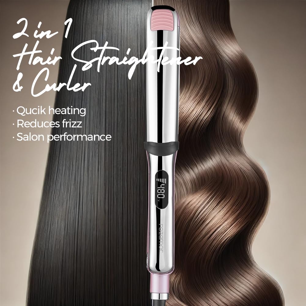Rozamor Professional Titanium Flat Iron with 1 1/4 Inch Floating Plates, Hair Straightener and Curler 2 in 1 with 10 Adjustable Temp Up to 480 ℉, Negative Ion & Dual Voltage Fast Heating Hair Tools