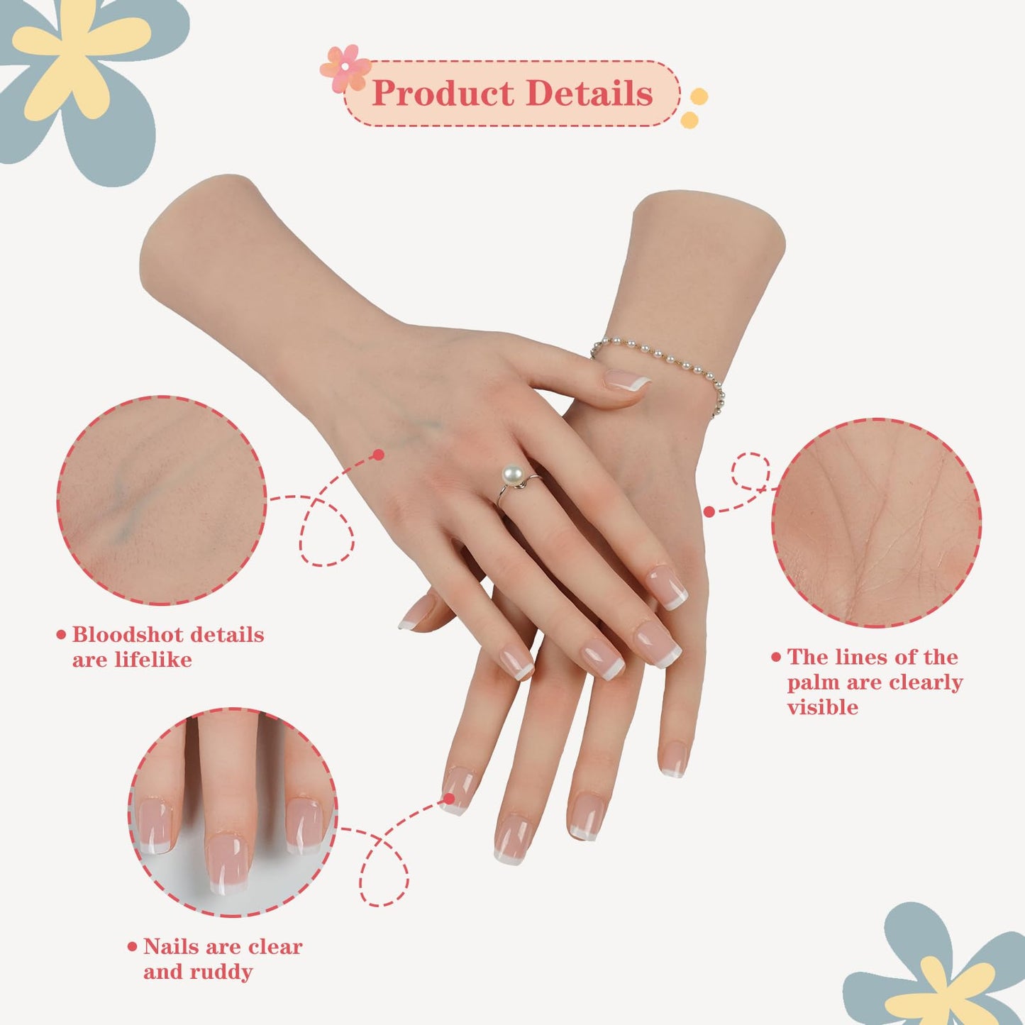 Realistic Female Silicone Hand Mannequin Hand Model Fake Hand With Skeleton For Manicurist Reusable Acrylic Nails Display Jewelry Props - Nude Left Hand