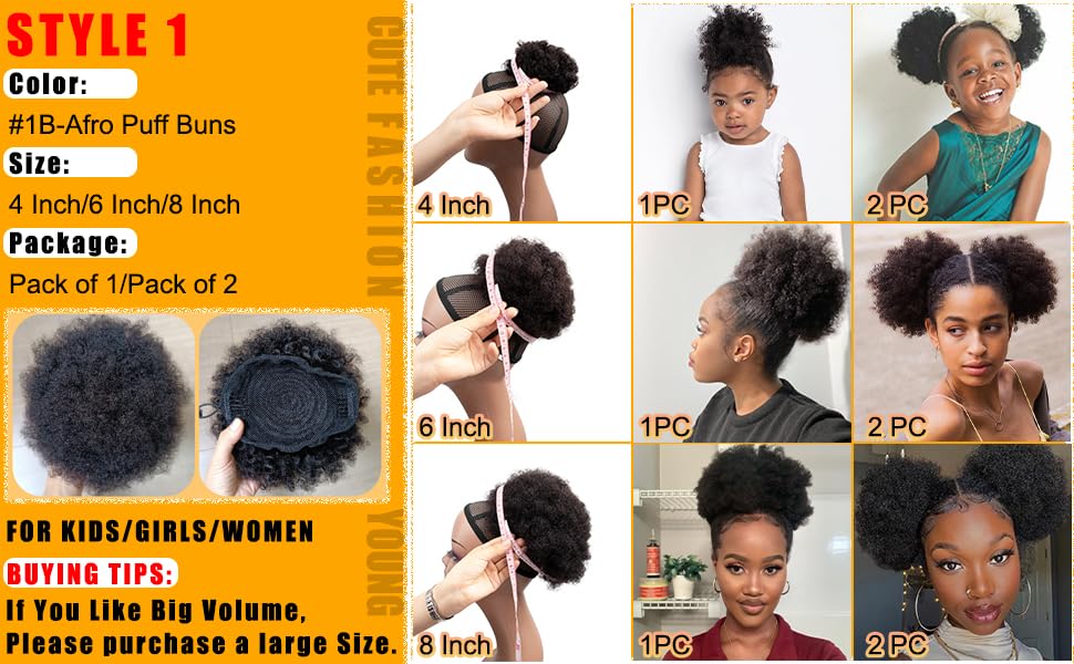 Afro Puffs Large Human Hair Buns - Natural Drawstring Ponytail Extensions | 8 Inch Natural Black for Women