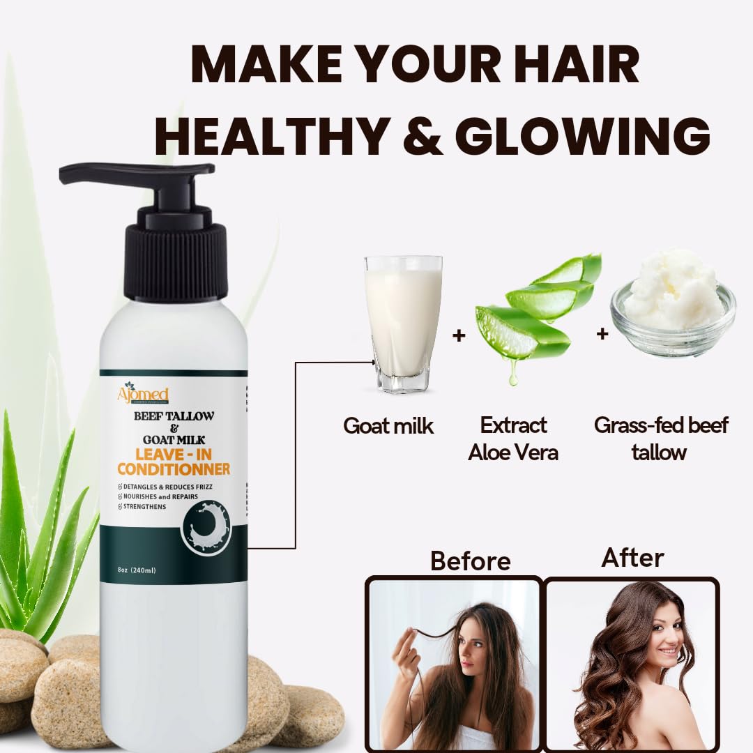 Beef tallow & Goat milk Leave-In Conditioner| Handmade hair Detangler- Anti-Frizz dreadlock moisturizer-Split End Moisturizing Hair Care for Dry, Damaged Hair Moisturizing Curl Primer (8 Fl Oz)