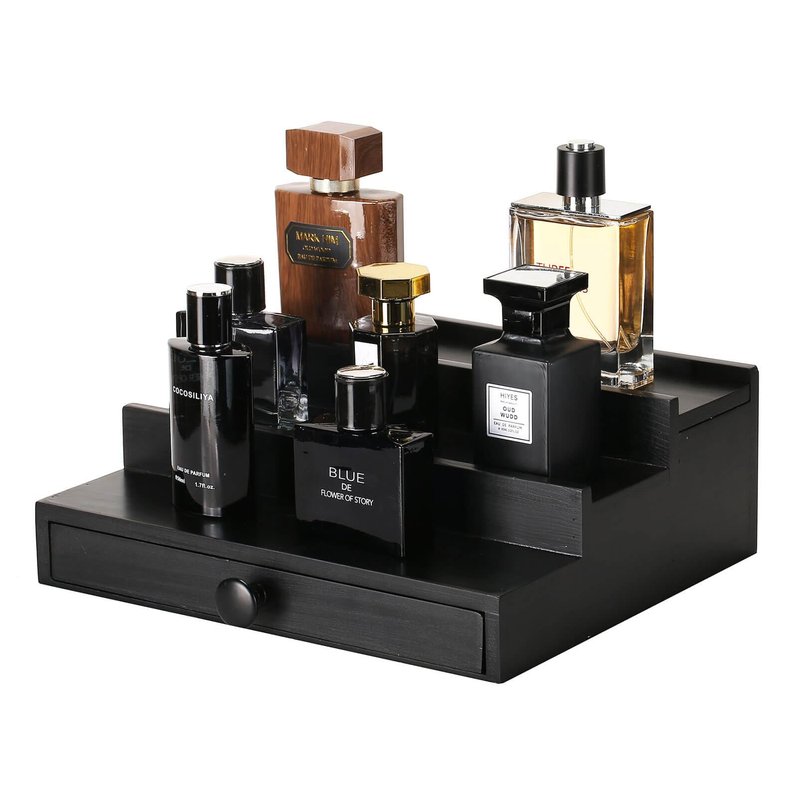Fengligoo Black Wooden Cologne Organizer for Men - 3 Tier Wooden Perfume Display Stand with Drawer and Hidden Compartment for Organizing and Storing, Cologne Holder Shelf for Dresser