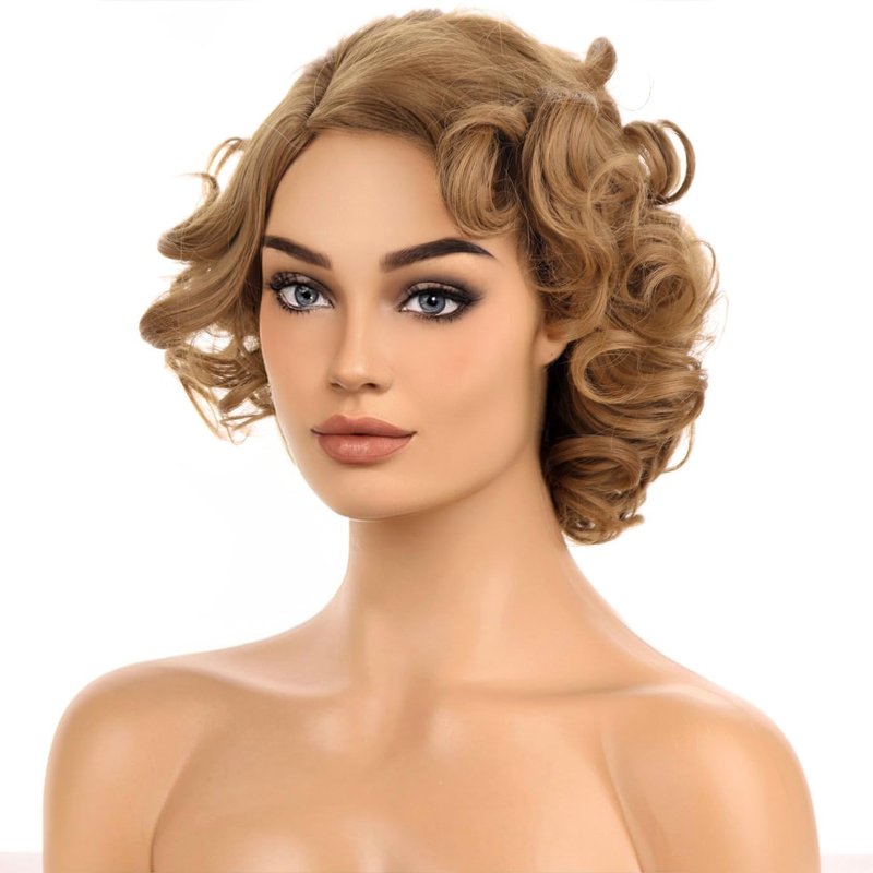 BERON Light Brown Wigs Women Girls Short Curly Bob Wig Side Part Synthetic Hair Wig Halloween Costume for Cosplay Party or Daily Use