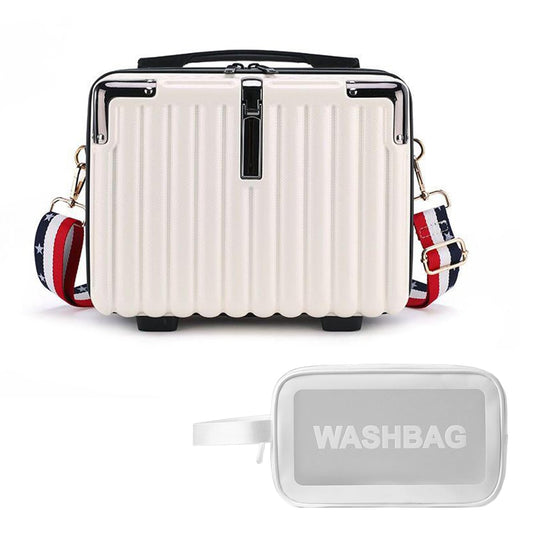 Holxeli 15 Inch Portable Hard Shell Makeup Case, Mini Cosmetic Travel Luggage Case with Shoulder Strap, Small Travel Suitcase Train Case with Toiletry Bag, ABS Material, White