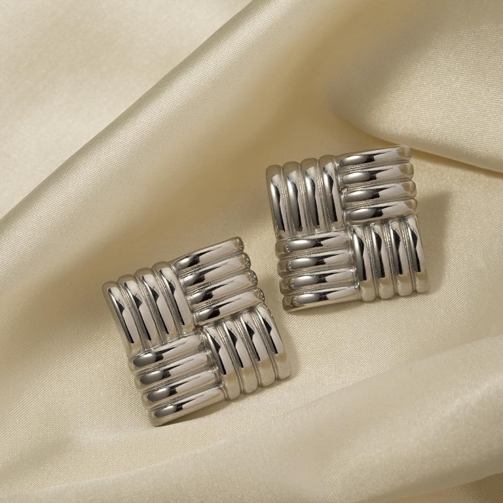 JeanBeau Chunky Silver Large Square Stud Earrings for Women, Trendy Statement Geometric Rectangle Textured Lightweight Hypoallergenic Earing Prom Fashion Jewelry Gift