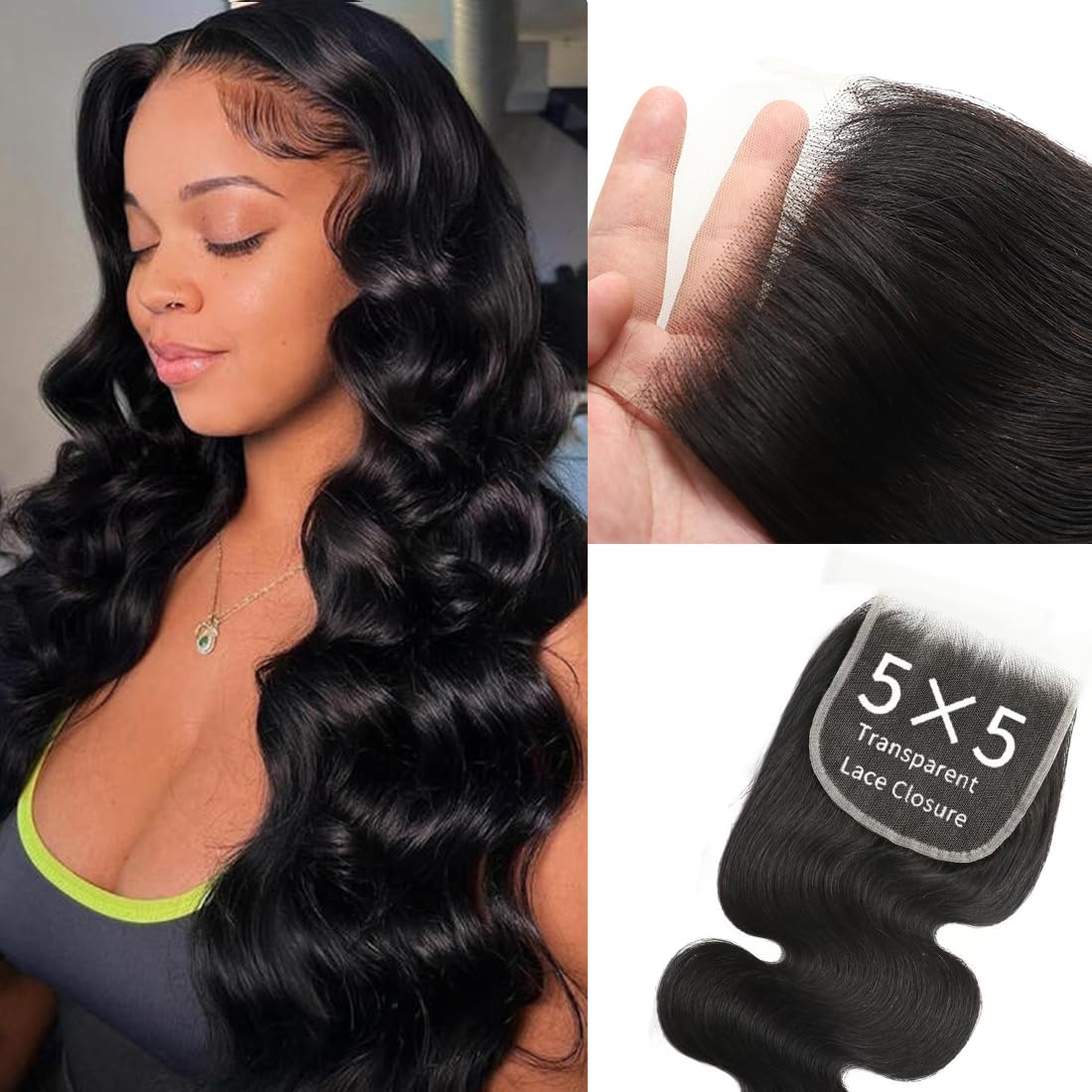 5x5 Transparent HD Lace Closure Body Wave Human Hair Closure Invisible 12A Brazilian Virgin Human Hair Free Part 5x5 100% Real Human Hair Pre Plucked Closure Natural Black 16 Inch