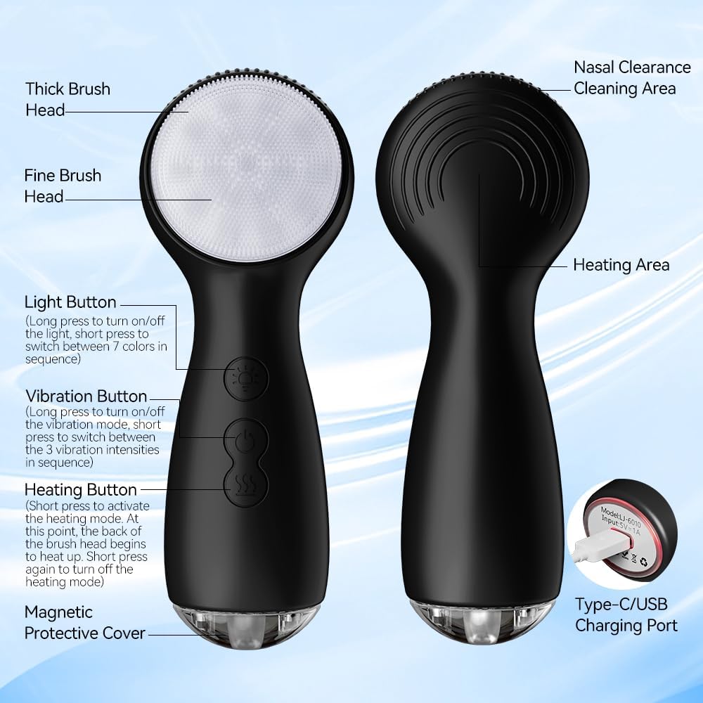 Electric Facial Cleansing Brush - Rechargeable Waterproof Exfoliator with Heat & Vibration | Deep Clean & Massage (Black)