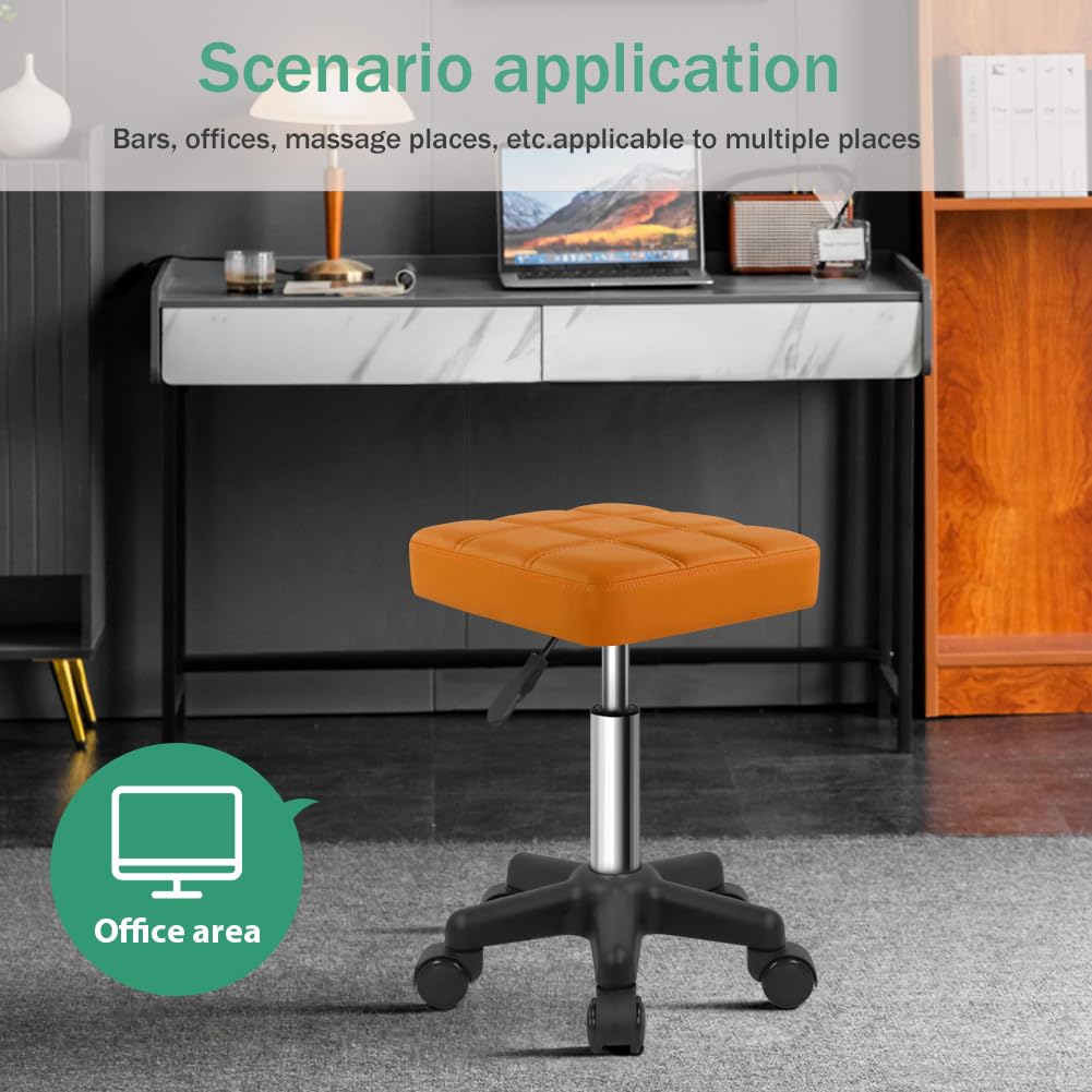 FURWOO Square Swivel Rolling Stool with Wheels PU Leather Height Adjustable Chair for Spa Salon Massage Pale Brown