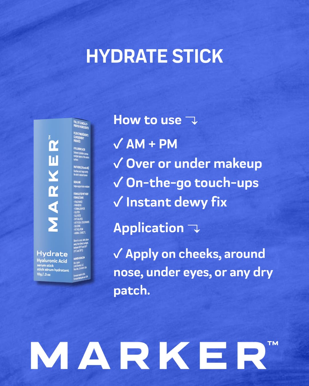 MARKER Hydrate Stick, Hyaluronic Acid Serum Stick for Dry Skin, Plumpness & Smooth Texture, with Squalane, 0.3 oz (10 g), Travel-Ready