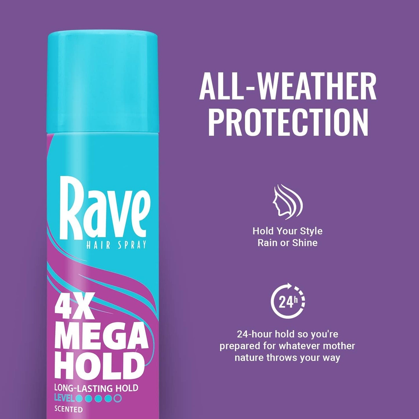 Rave 4X Mega Long-Lasting Firm Hold Scented Hair Spray for Heat Protection, Volume and Shine - ClimaShield for Extra Humidity & Minimizes Frizz - 4 pc