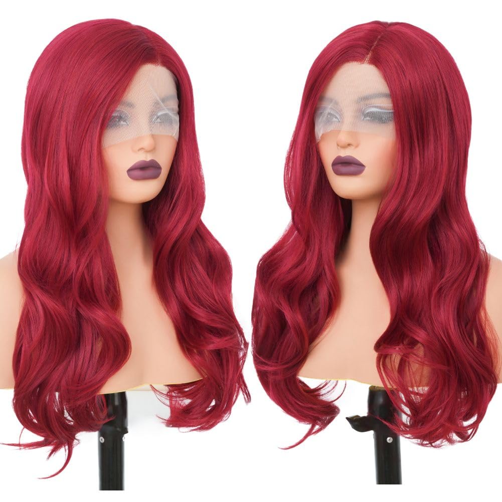 Salaibs Red Lace Front Wig Long Curly Wavy Wig for Women Side Part Natural Hairline Synthetic Heat Resistant Hair Wigs Cosplay Halloween Costume Wig