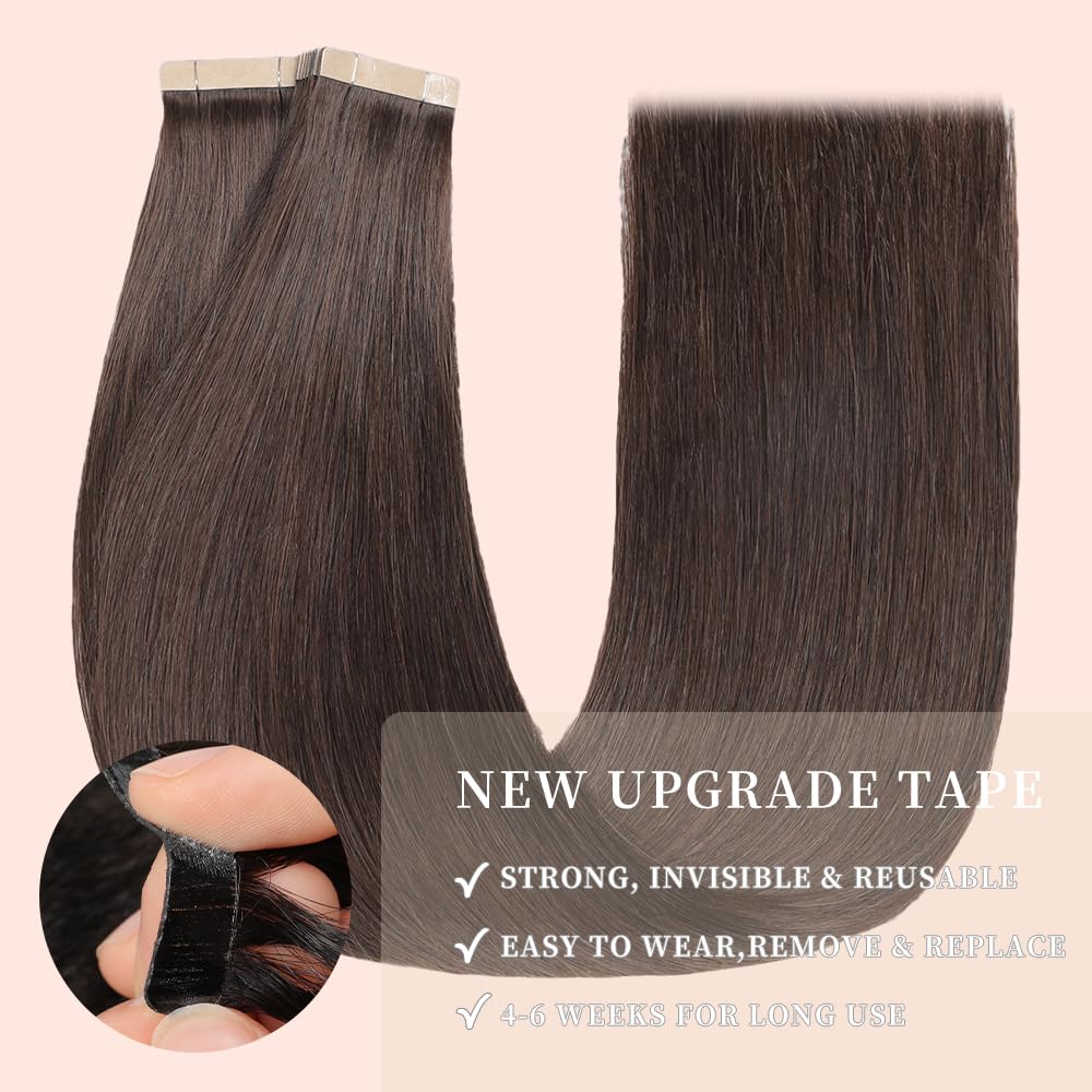 Tape in Hair Extensions Human Hair 20pcs Remy Hair Extensions 18 Inch Darkest Brown Straight Invisible Human Hair Tape in Extensions Skin Weft Tape Extensions Human Hair (2#,18 Inch)