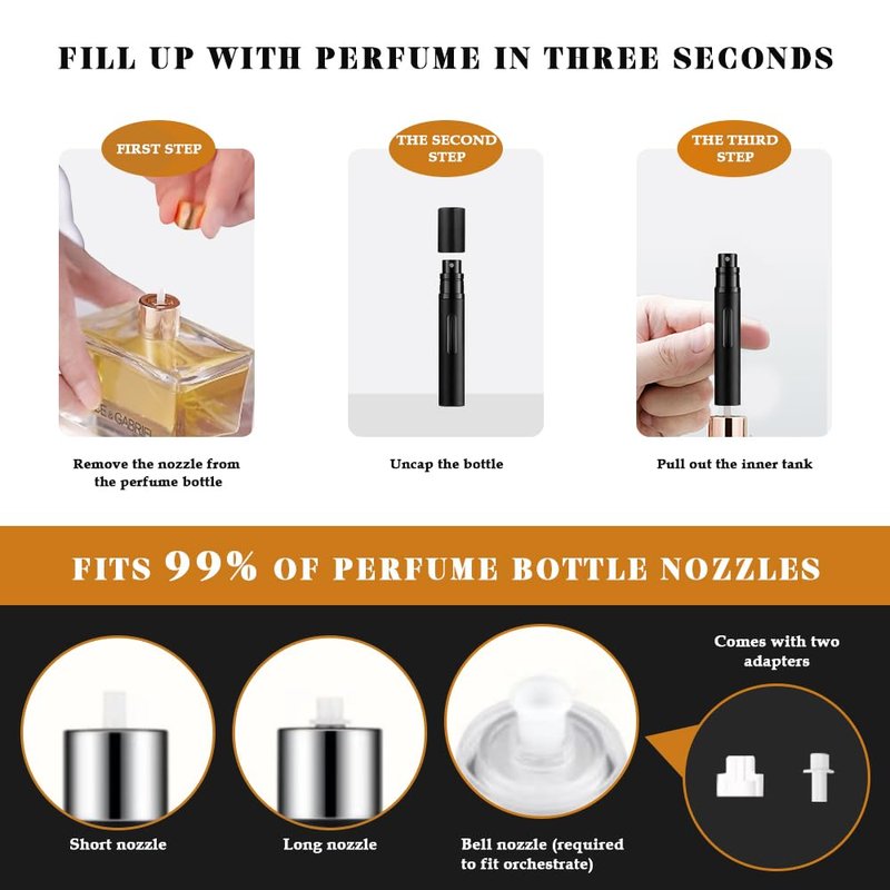 DIOHIO 8ml Perfume Atomizer Travel Refillable,Mini Cologne Dispenser, Bottom-Filling Fragrances Perfumes Bottle,Portable Sprayer Pocket Size for Women Men Cruise Car Trip Gift 2pcs (Black-Silver)