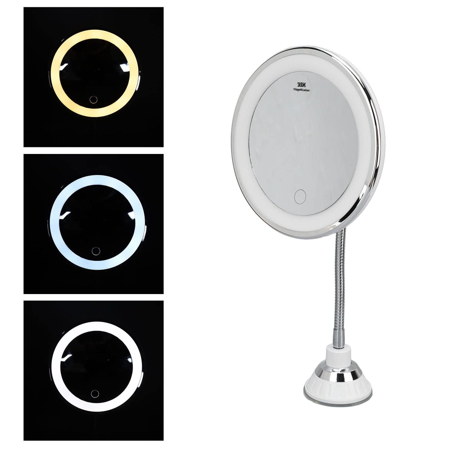 Zetiling 10x Magnification LED Makeup Mirror, Wall Mount, Round, 17.3"L x 6.9"W, Black Frame, Modern Style, Adjustable Brightness, Three Light Colors, Suction Cup Design