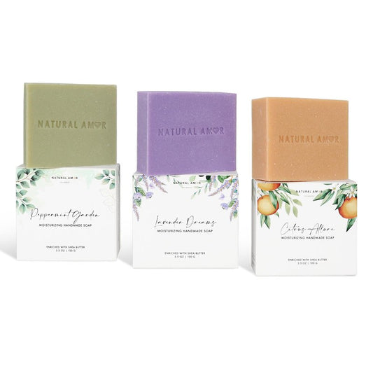 Natural Amor All Natural Handmade Soap Bar, Nourishing 3 pack- Rose Bergamot, Lavender, Unscented Oatmeal Bar Soap, 4.3 OZ each