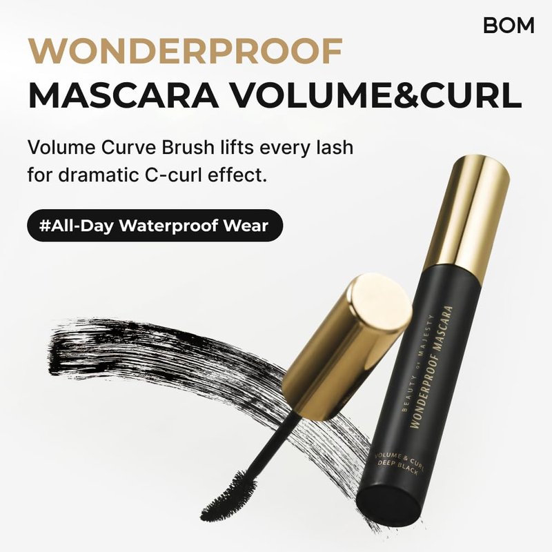 BOM COSMETICS Wonderproof Mascara Volume & Curl #01 Deep Black 0.28 oz salon-like curling power for lifted voluminous lashes, eyelash extension care, long lasting smudge and waterproof formula