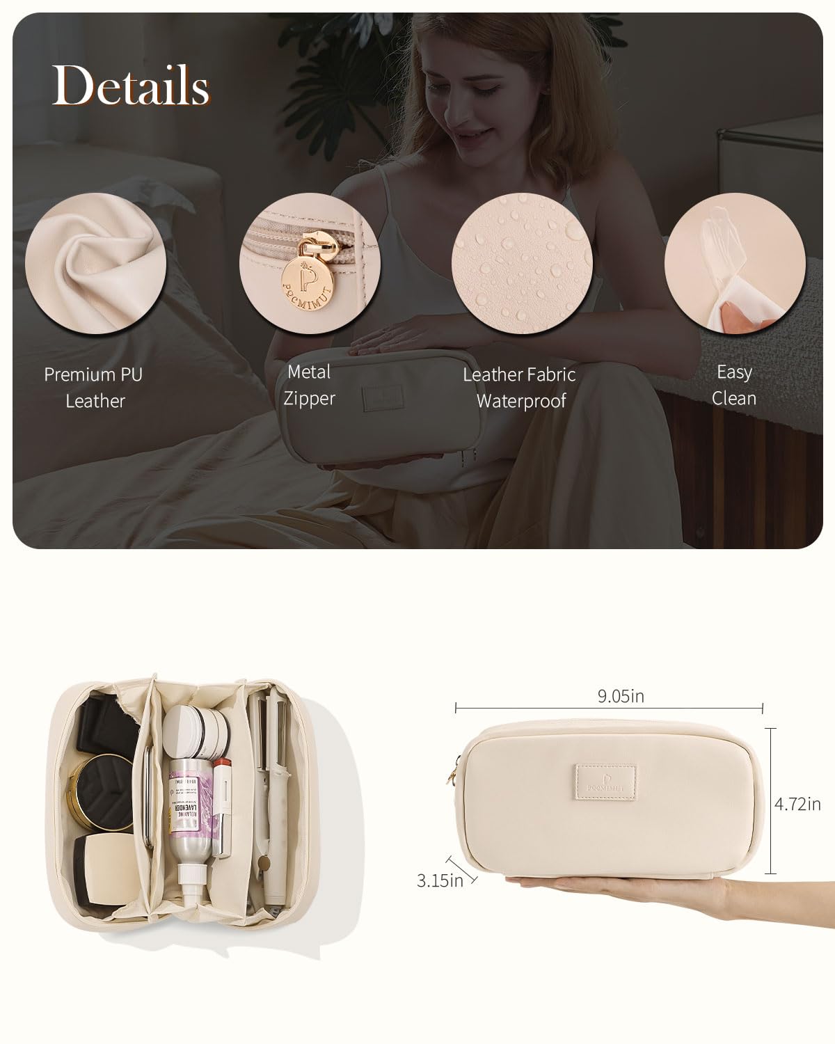 Pocmimut Makeup Bag,2 Pack Open Flat Small Makeup Pouch with Large Cosmetic Bag Travel Essentials Organizer with Divider,Beige