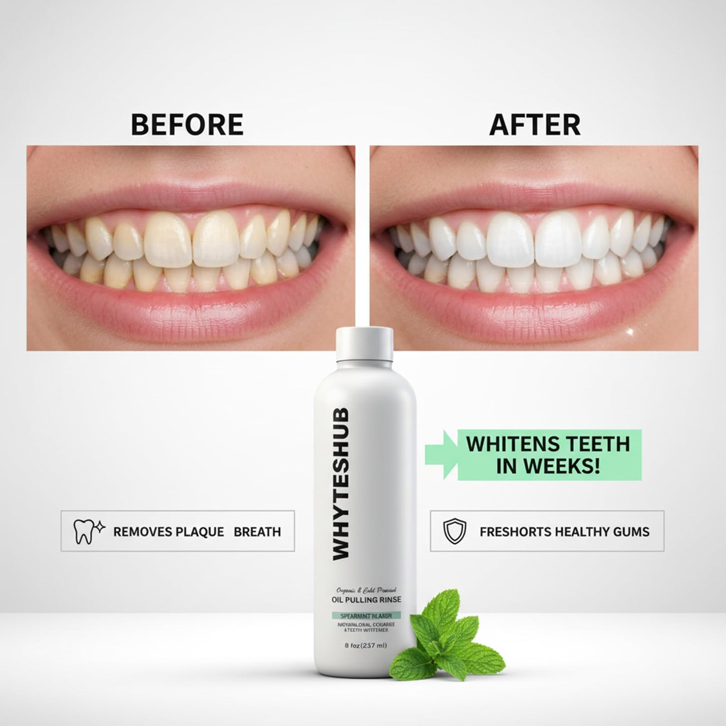 White Spearmint Oil Pulling Rinse, Cold-Pressed Coconut Mouthwash for Teeth Whitening, Powerful Organic Peppermint Oil Maintain Gum Health & Freshness Breath