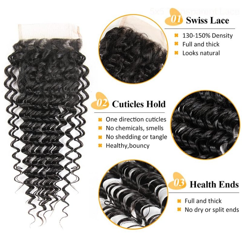 QTHAIR 5x5 Deep Wave HD Lace Closure 16" Invisible Knots 5x5 Swiss Lace Closure Deep Wave Human Hair Pre-Plucked with Baby Hair Curly Closure for Deep Wave Bundles Human Hair