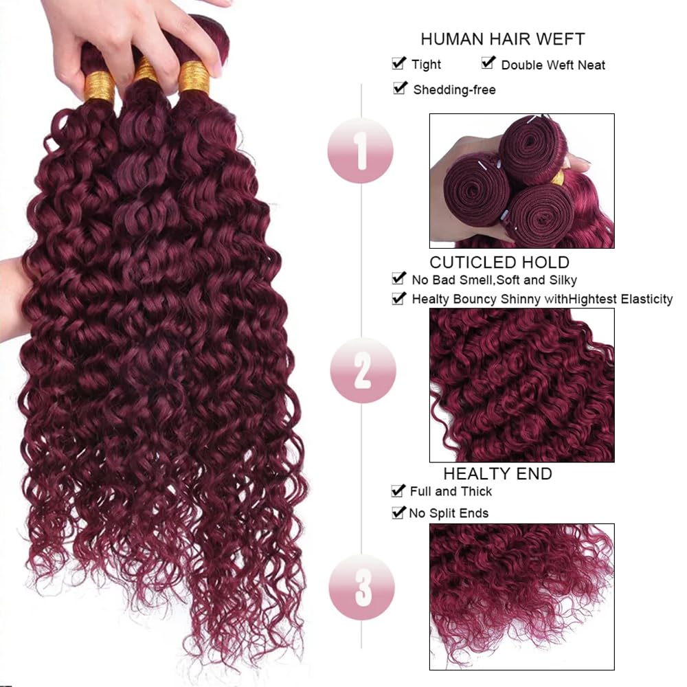 #99J Burgundy Bundles Human Hair Water Wave Human Hair Bundles 16 16 16 Inch FuivJuix Unprocessed Brazilian Virgin Hair Wine Red Water Wave Bundle Human Hair Extensions 3 Bundle 150 Gram For Woman