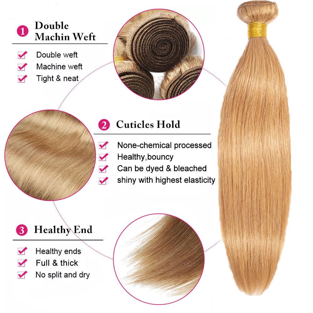 Blonde Hair Extensions - 27 Honey Blonde Straight Bundles | Unprocessed Virgin Hair, 14-18 Inch, 50g Each
