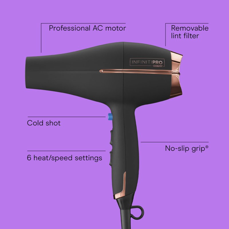 INFINITI PRO by CONAIR Hair Dryer, 1875W Blow Dryer with Diffuser and Concentrator, Ceramic Technology, 3 Heat & 2 Speed Settings, Cold Shot Button, Black
