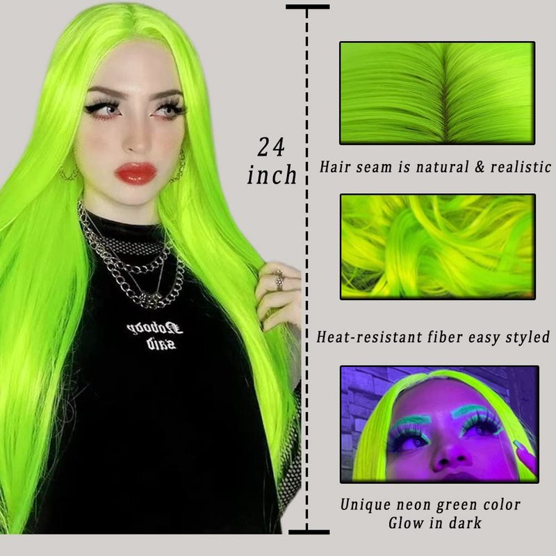 Aubree Fluorescent Green Wigs for Women Neon Green Long Straight Lace Front Synthetic Wigs with Baby Hair Glueless Heat Resistant Hair Replacement for Cosplay Party Christmas gift