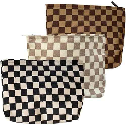 Travel Checkered Makeup Bag, Corduroy Cosmetic Bag for Purse, Small Cosmetic Zipper Pouch Cute Travel Checkered Makeup Bag Gift for Women,Girls (3 pack)