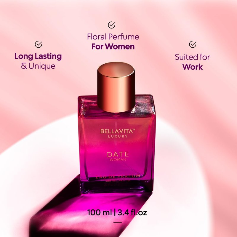 Bellavita Luxury DATE Eau de Parfum - Floral Jasmine & Pink Pepper Scent | 100 ml (3.4 fl. oz.) | Perfect Mother's Day Gift