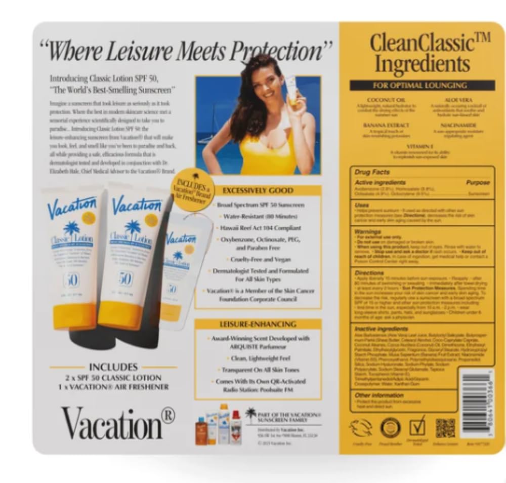 Vacation Classic Lotion Broad Spectrum SPF 50, Dermatologist Tested, Light Weight, Transparent on all skin tones, Pack of 2 each contain 6 FL OZ Plus Vacation Brand Air Freshener