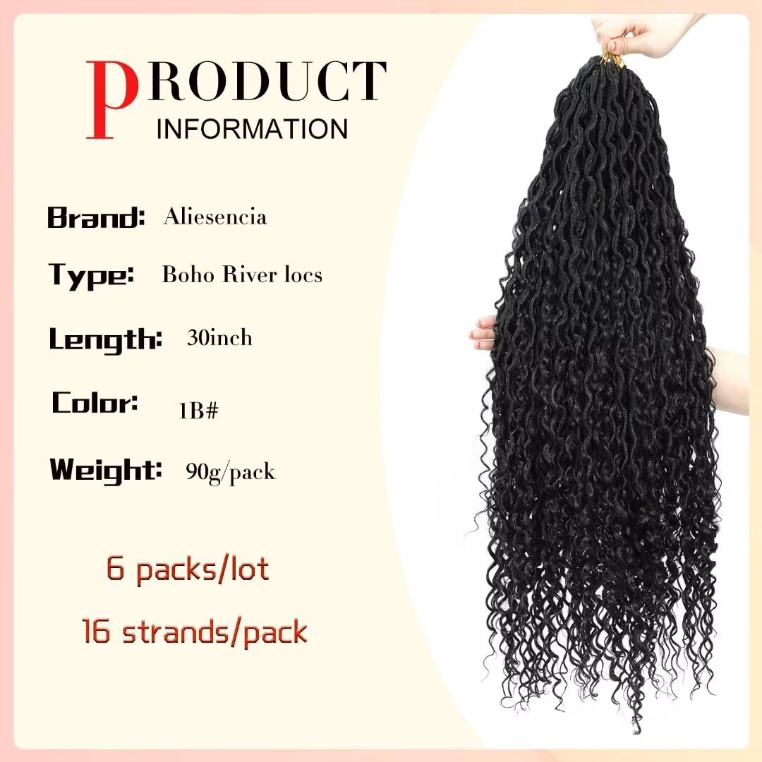 New Goddess Locs Crochet Hair 30inch Long River Faux Locs Braids with Curly End Long Boho Hippie Locs Style Synthetic Hair Extensions (30" 6Packs 1B#)