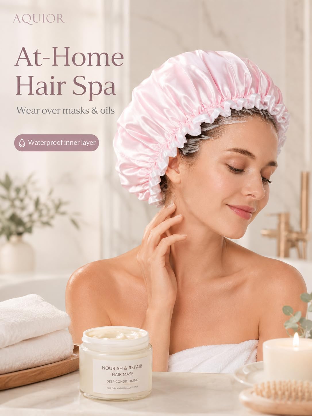 Aquior Shower Caps, Reusable Shower Cap for Women, Double Layer Waterproof Hair Cap, Large Size for All Hair Lengths,for Girls Spa Home Salon Use