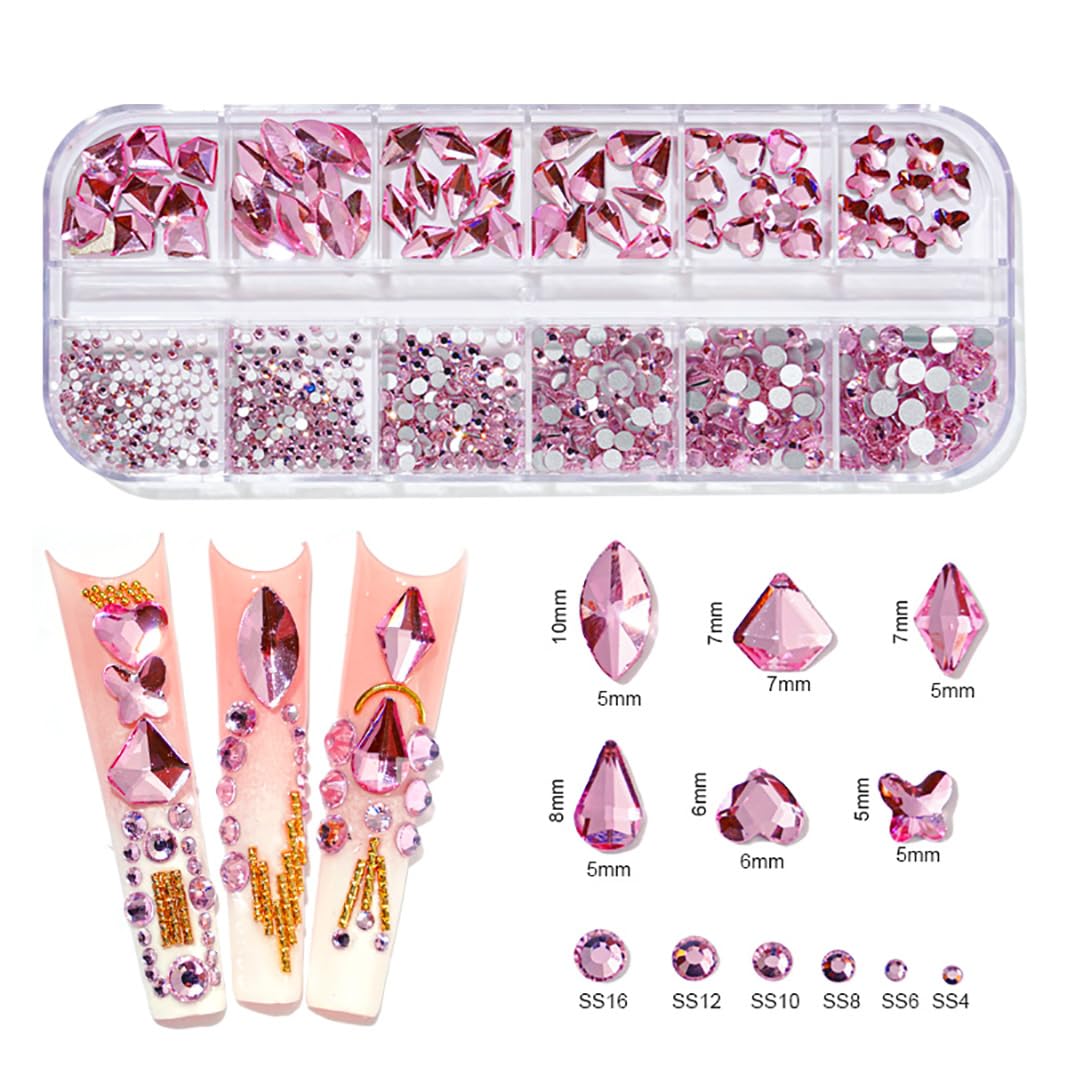 JERCLITY 1620pcs Flat Back Rose AB Nail Rhinestones Pink Nail Rhinestones for Nails Round Beads Crystals Glass Gems Stones Multi Shapes Sizes Nail Rhinestones for Nail Face Art Clothes Shoes Bags DIY