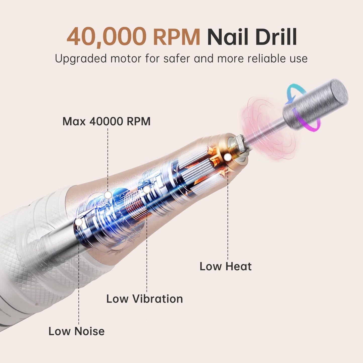 CHRISTINE SHELLY Electric Nail Drill,40000RPM Cordless Nail File Diamond with 12 Drill Bits for Acrylic Nails Gel Polishing,E File Nail Kit Machine for Manicure Salon Home (White)