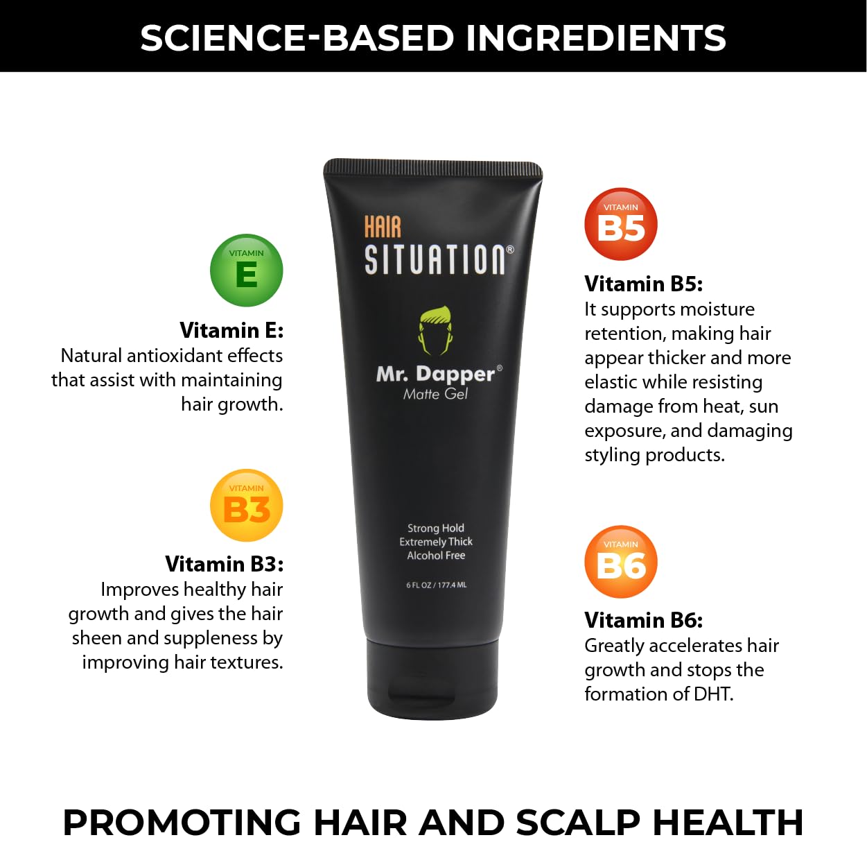 Hair Situation Mr. Dapper Matte Look Strong Hold Styling Hair Gel for Men, Anti-Humidity Shield, Anti-Frizz and Fly Away, Alcohol-Free, No Flake Formula Made with Vitamins to Strengthen Hair, 6 Fl Oz