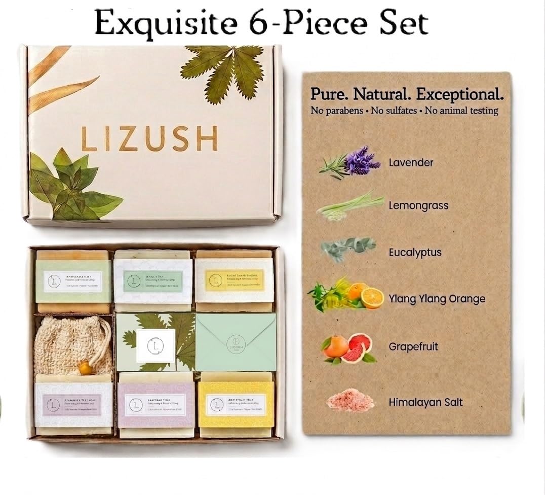 Lizush 6 Piece Soap Gift Set - Handmade in the USA Spa Gifts for Women, Luxurious Soap Bar Gift Set - Skin Care Set with Lemongrass, Grapefruit, Eucalyptus, Ylang Ylang, Lavender & Himalayan Salt