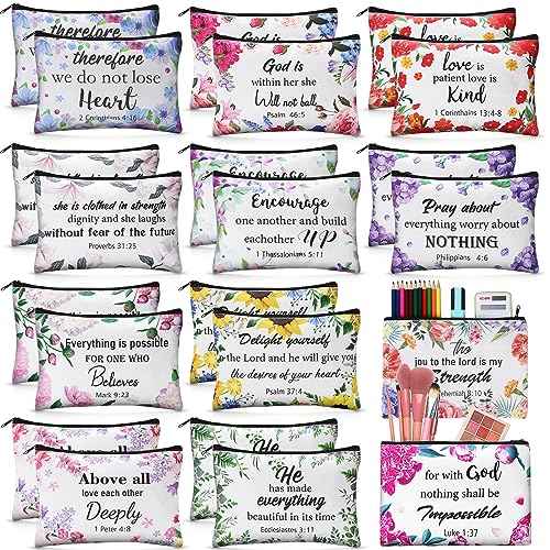 24 Pcs Christian Makeup Bag Bible Cosmetic Bags Inspirational Bible Verse Toiletry Pouches Canvas Motivational Pouches with Zipper for Women Organize Cosmetics Toiletries Stationery(Floral)