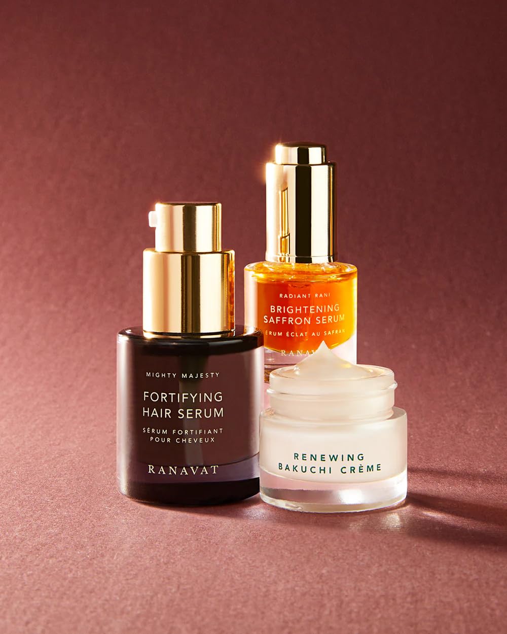 RANAVAT Royal Trio Travel Size Gift Set - Set Includes Brightening Saffron Face Serum, Renewing Bakuchi Face Cream & Fortifying Hair Serum - Clinically Tested Vegan Skincare & Haircare (3 Count)