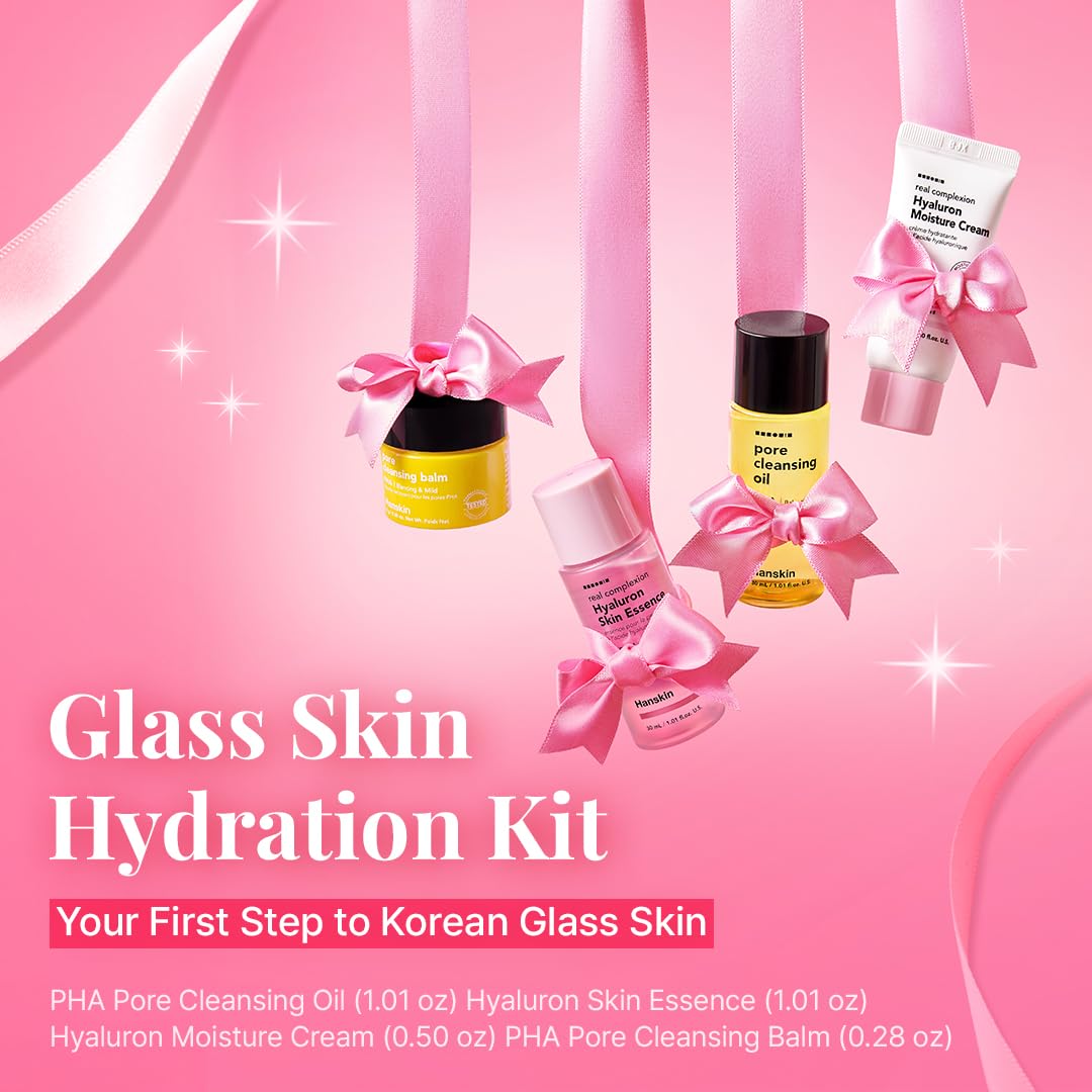 Hanskin Glass Skin On the Go Kit – Travel-Friendly Hydrating Set with PHA Cleansing Oil&Balm, Toner & Moisture Cream | TSA-Approved Mini Skincare, Holiday Stocking Stuffer, Teen Girl & Women’s Gift