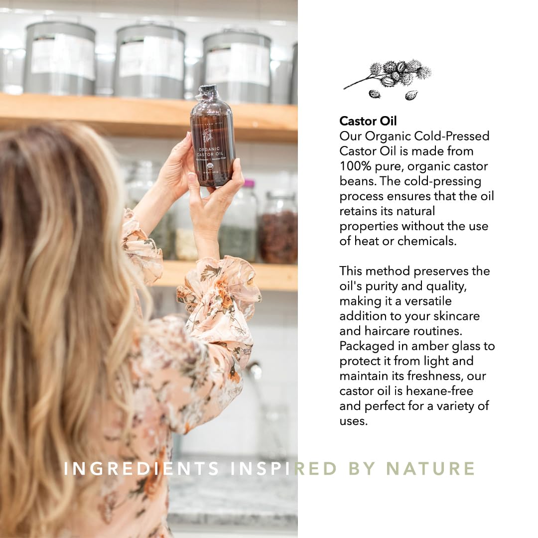 Pretty farm girl Pure Organic Castor Oil - Cold-Pressed & Hexane-Free - 100% Pure - Amber Glass Bottle - All Skin & Hair Types