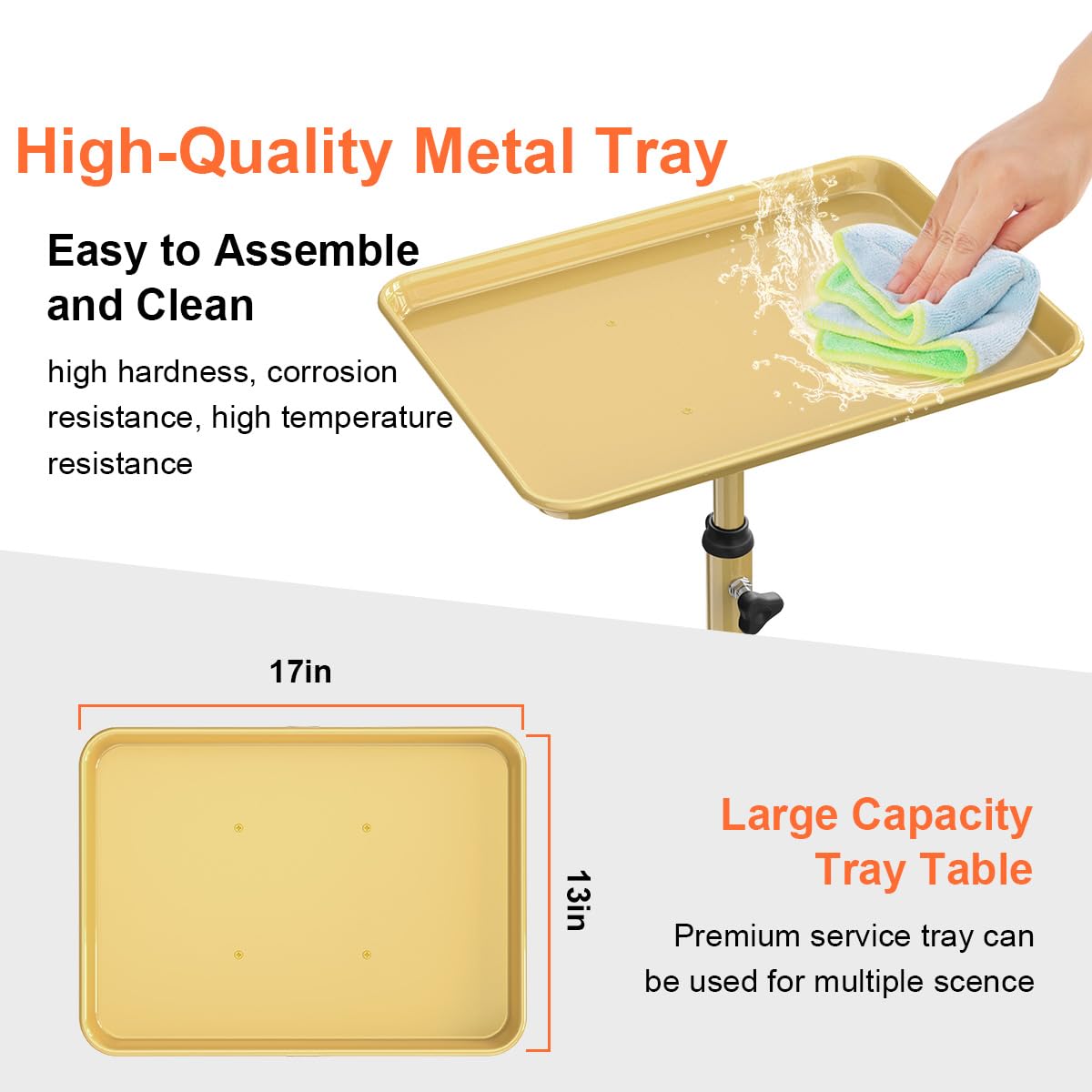 Salon Tray Cart Tattoo Tray Rolling Cart, Service Rolling Tray, Height Adjustable Styling Tray, Storage Tray Trolley for Beauty Salon Clinic Spa (Champagne Gold)