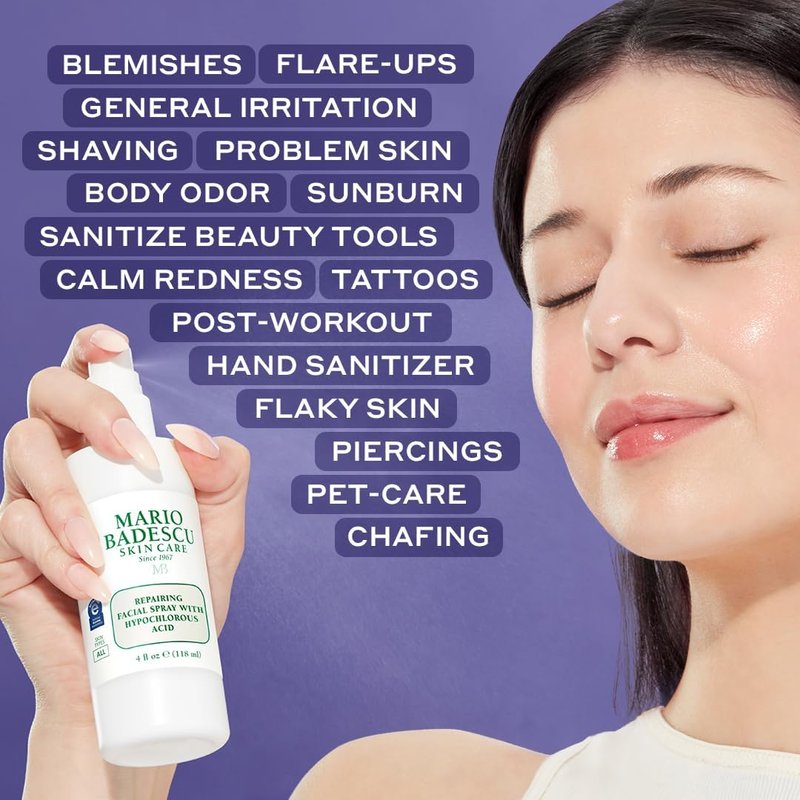 Mario Badescu Repairing HOCl Facial Spray with Hypochlorous Acid – Soothes & Hydrates Angry, Irritated Skin, Reduce Redness & Flare-Ups – pH Balancing, Non-Irritating Cleanser, 4 Fl Oz (Pack of 2)