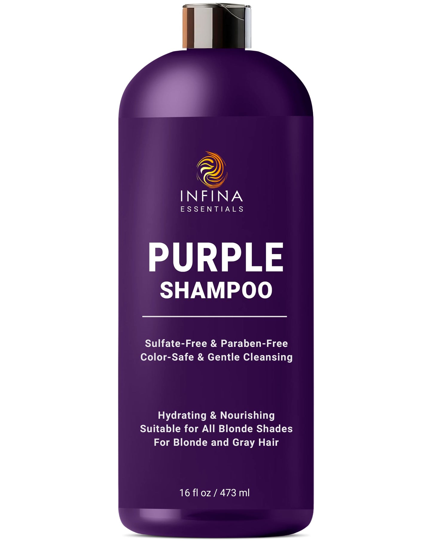 INFINA ESSENTIALS Purple Shampoo for Blondes, Gray, Brassy & Color Treated Hair, Sulfate Free, Enriched with Green Tea & Chamomile & Avocado Oil - Nourishing & Hydrating Blonde Shampoo - 16 fl oz