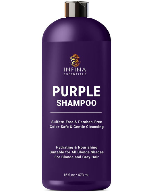 INFINA ESSENTIALS Purple Shampoo for Blondes, Gray, Brassy & Color Treated Hair, Sulfate Free, Enriched with Green Tea & Chamomile & Avocado Oil - Nourishing & Hydrating Blonde Shampoo - 16 fl oz