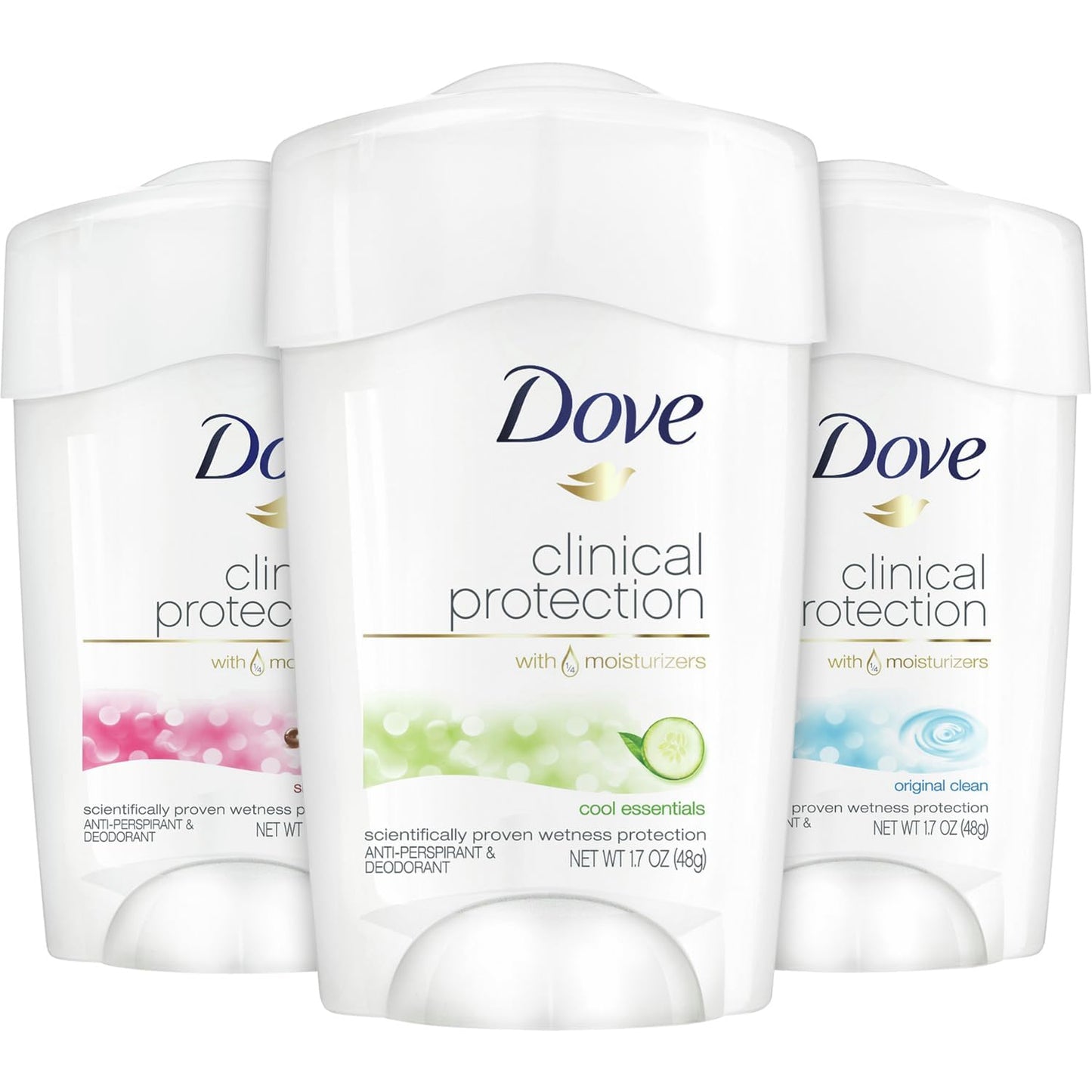 Dove Deodorant, Clinical Protection for Women, 3-Stick Variety Pack - Antiperspirant Deodorant with 48-Hours of Coverage, Moisturizing for Sensitive Skin, Scented, 1.7 OZ (3 Piece Set)